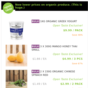 1KG ORGANIC GREEK YOGURT ($9.99 / PACK), 3 X 300G MANGO HONEY THAI SMALL and many more!