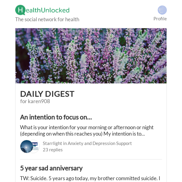 "An intention to focus on…" and 11 more from HealthUnlocked