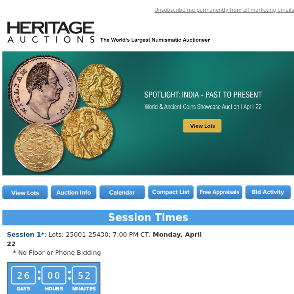 Bid Now: April 22 Spotlight: India - Past to Present World and Ancient Coins  Showcase Auction