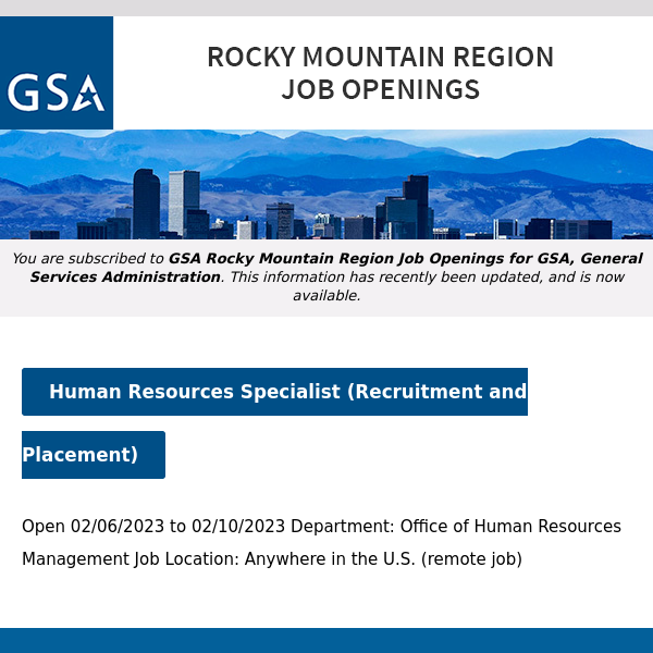 New/Current Job Opportunities in the GSA Rocky Mountain Region