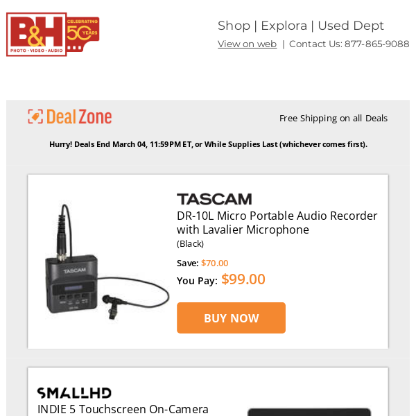 Today's Deals: Tascam DR-10L Micro Portable Audio Recorder w/ Lav Mic, SmallHD INDIE 5 Touchscreen On-Camera Monitor, Davis & Sanford Provista Tripod w/ Fluid Head, Quasar Science Q-Lion Switch Lithium-Ion Linear LED Lamp & More
