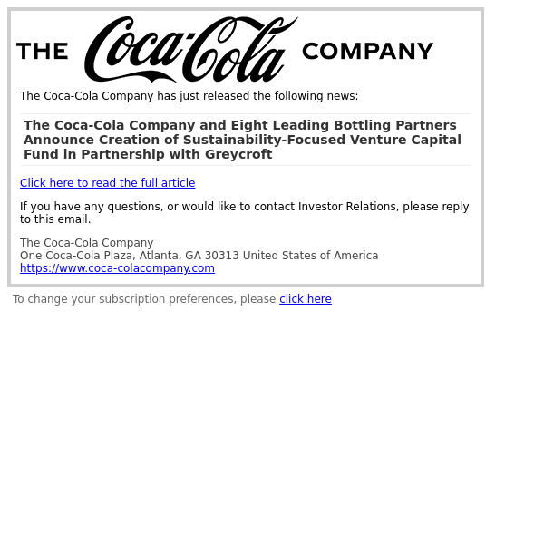 The Coca-Cola Company and Eight Leading Bottling Partners Announce Creation of Sustainability-Focused Venture Capital Fund in Partnership with Greycroft