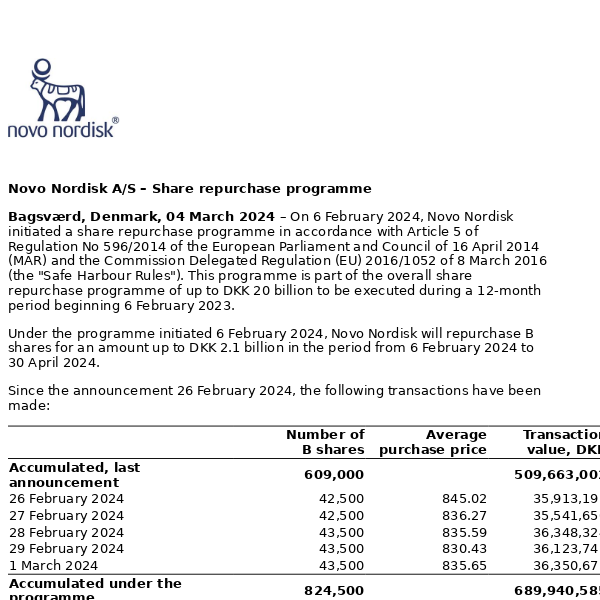 Novo Nordisk A/S - share repurchase programme