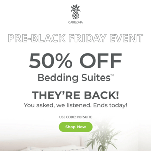 They're Back! 50% Off Bedding Suites!