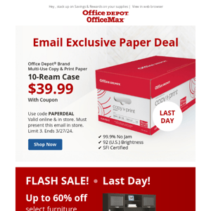 $39.99 Office Depot Brand 10 Ream Paper + Members get 50% Back in Rewards on Charmin, Bounty, Tide, and Dawn products!