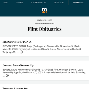 Today's Flint obituaries for March 18, 2023