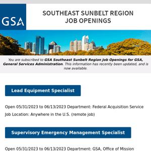 New/Current Job Opportunities in the GSA Southeast Sunbelt Region