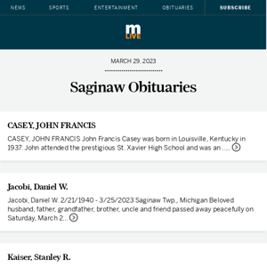 Today's Saginaw obituaries for March 29, 2023