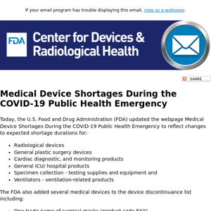 Updates for medical device shortages