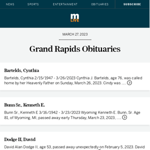 Today's Grand Rapids obituaries for March 27, 2023