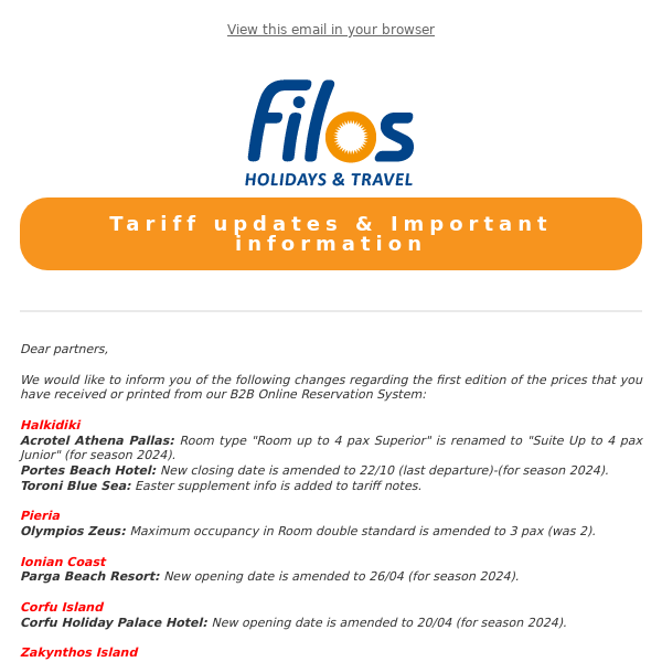 B2B Filos Holidays & Travel | Tariffs update & Important information -  Filos Holidays & Travel