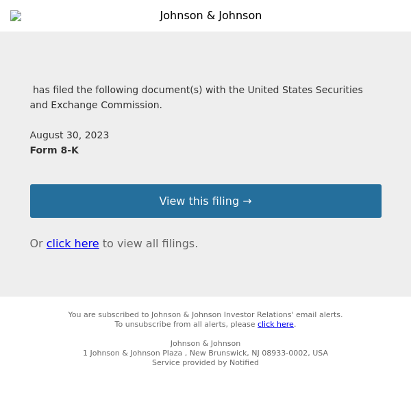 New Form 8-K for Johnson & Johnson