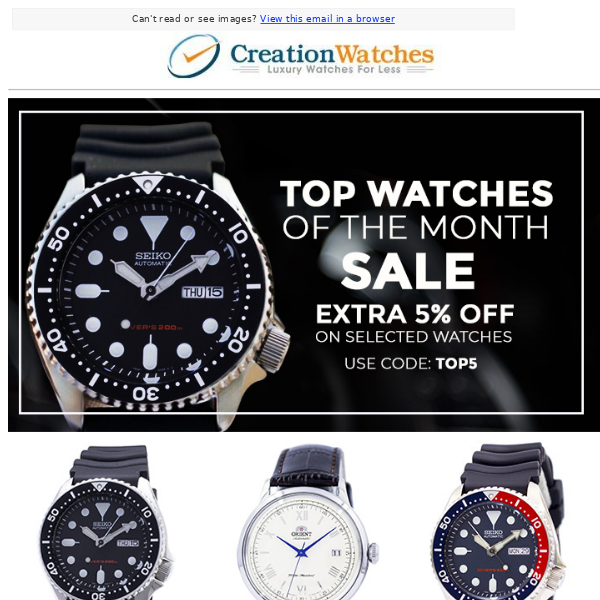 Seiko, Orient, Ratio & more: Extra 5% off on Top Watches of the Month! - Cw Creation  Watches