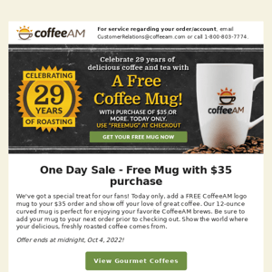 Get a Free Mug with the Purchase of $35 Today Only!