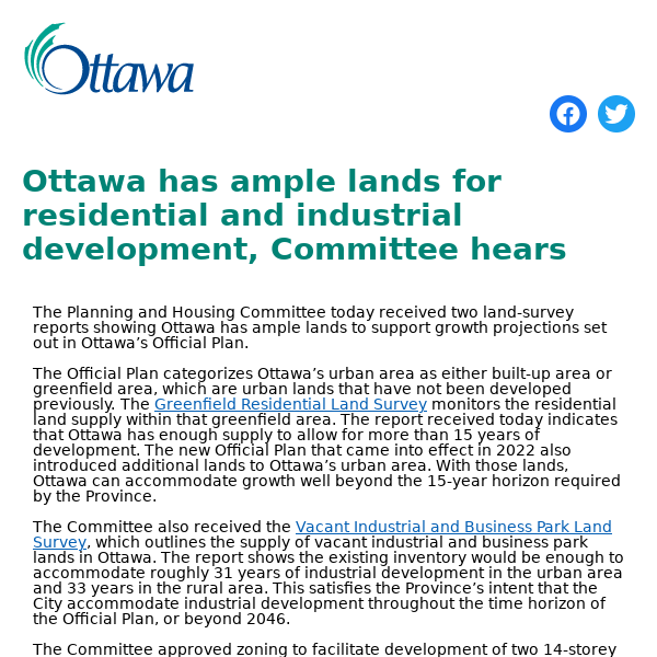 Ottawa has ample lands for residential and industrial development, Committee hears