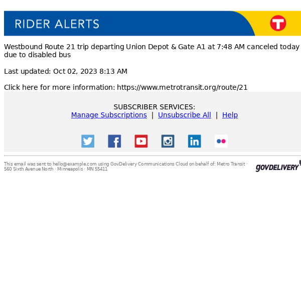 Route 21 trip departing Union Depot & Gate A1 at 7:48 AM canceled