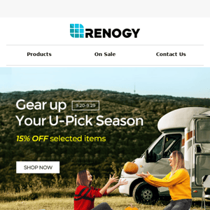 Gear up your U-Pick Season with Renogy's 15% OFF discount on selected items!