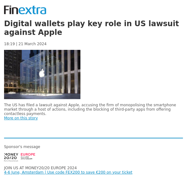 Finextra News Flash: Digital wallets play key role in US lawsuit against Apple