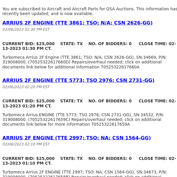 GSA Auctions Aircraft and Aircraft Parts Update