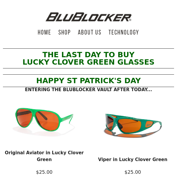 FINAL HOURS For Lucky Clover Green 🍀 - Blu Blocker Sunglasses