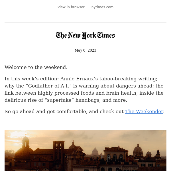 The Weekender: Annie Ernaux; a warning from the “Godfather of A.I.”; “ superfake” handbags - The New York Times