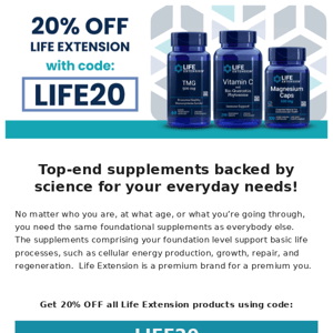 20% OFF Life Extension Supplements