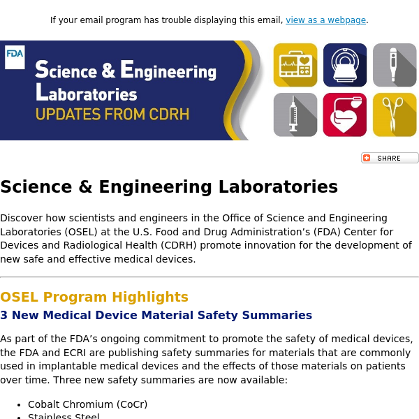 Science and Engineering Laboratories: Updates from FDA/CDRH