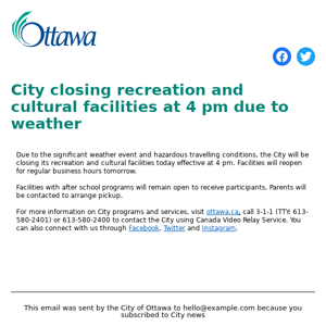 City closing recreation and cultural facilities at 4 pm due to weather