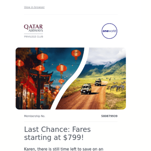 Qatar Airways , last chance to ring in the New Year with our exclusive offer starting at $799