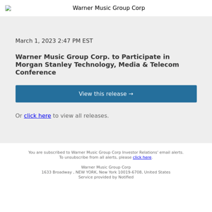 Warner Music Group Corp. to Participate in Morgan Stanley Technology, Media & Telecom Conference