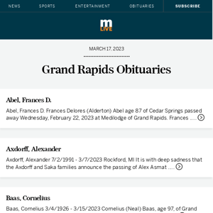 Today's Grand Rapids obituaries for March 17, 2023