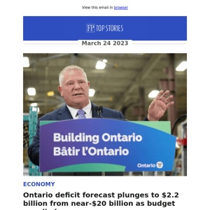 Ontario deficit forecast plunges to $2.2 billion from near-$20 billion as budget unveiled