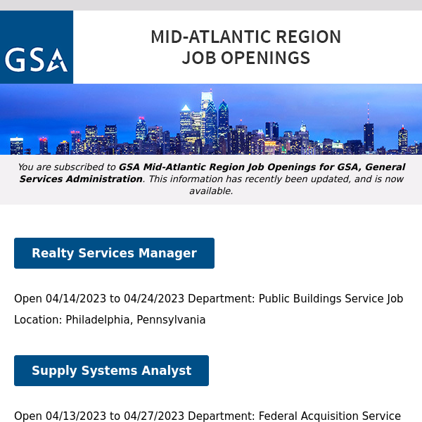 New/Current Job Opportunities in the GSA Mid-Atlantic Region