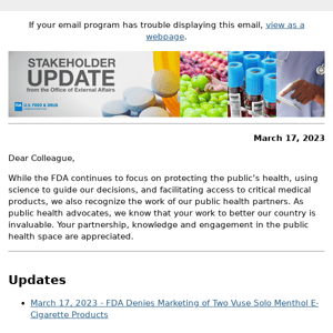 FDA Stakeholder Update - March 17, 2023