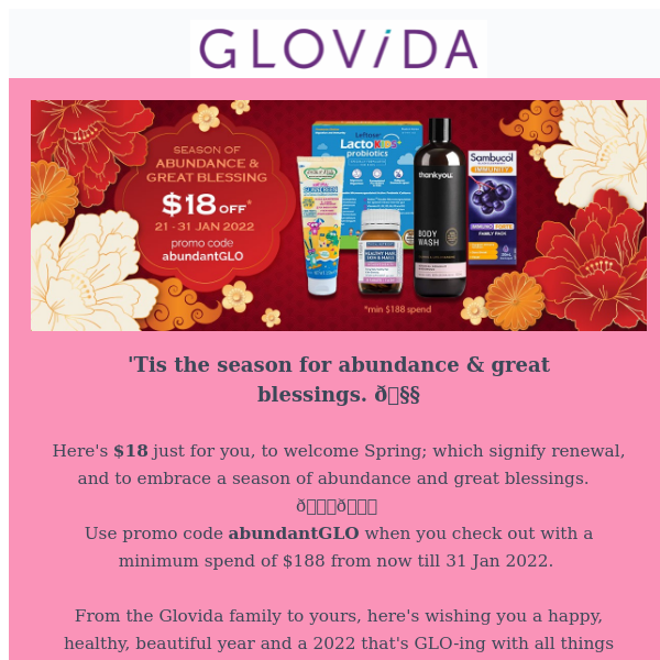 Celebrate CNY with Glovida $18 OFF