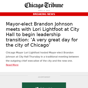 Mayor-elect Johnson meets with Lightfoot to begin transition