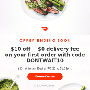 Ends soon DoorDash: $10 off your next meal