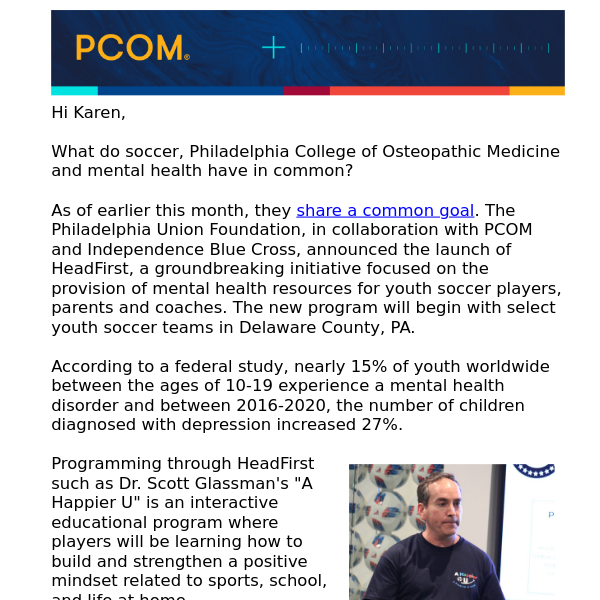 PCOM psychology faculty partner with Philly soccer team to promote youth mental health