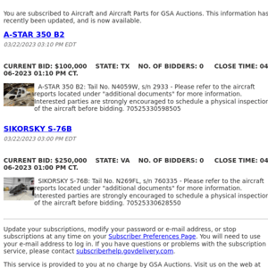 GSA Auctions Aircraft and Aircraft Parts Update