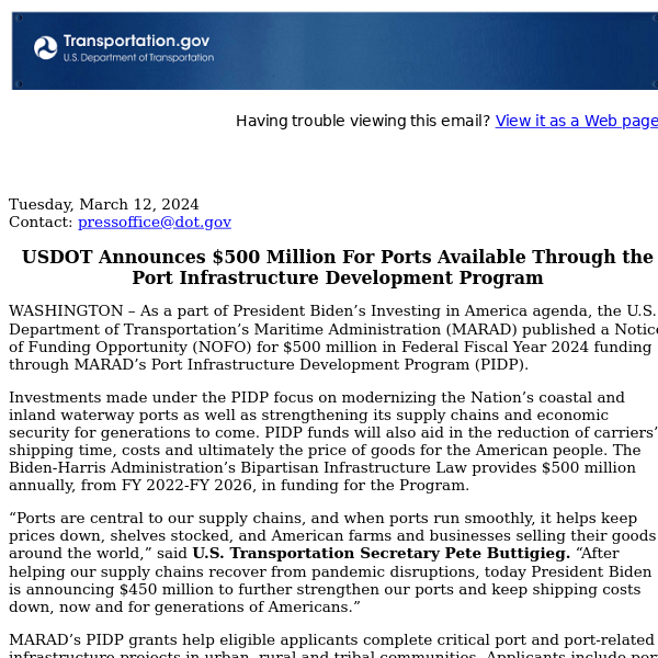 USDOT Announces $500 Million For Ports Available Through the Port Infrastructure Development Program