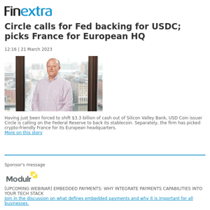 Finextra News Flash: Circle calls for Fed backing for USDC; picks France for European HQ