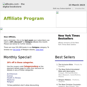 Affiliate Program : Last Week for 20% Discount on Religion eBooks, See Coupon