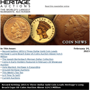 Coin News: Record-Setting 1855-S Three Dollar Gold Coin Leads Heritage's Long Beach Expo US Coins Auction Above $14.5 Million