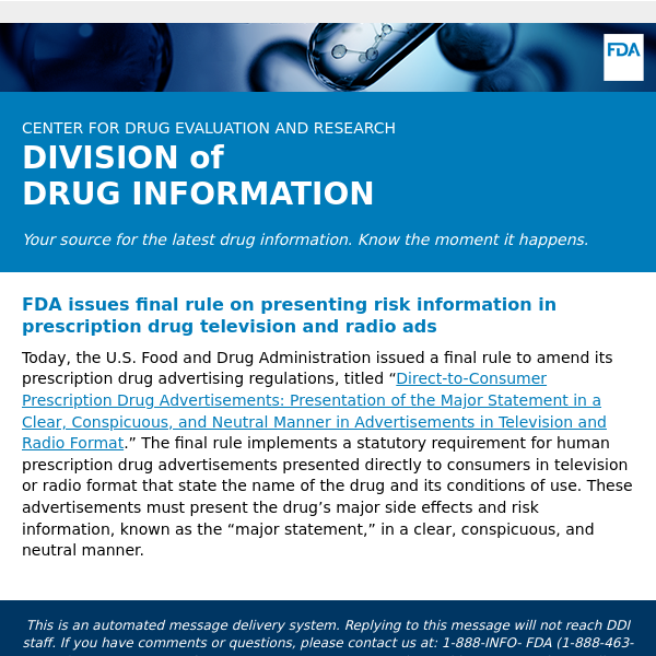 FDA issues final rule on presenting risk information in prescription drug television and radio ads - Drug Information Update