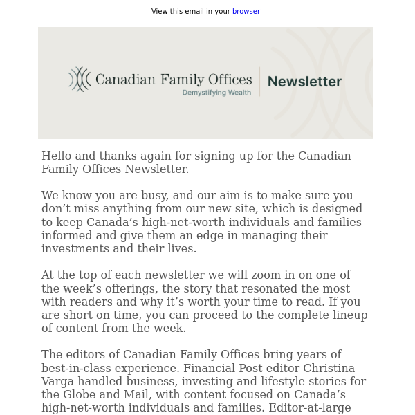 You're busy, so we offer you the week's Canadian Family Offices content in one place