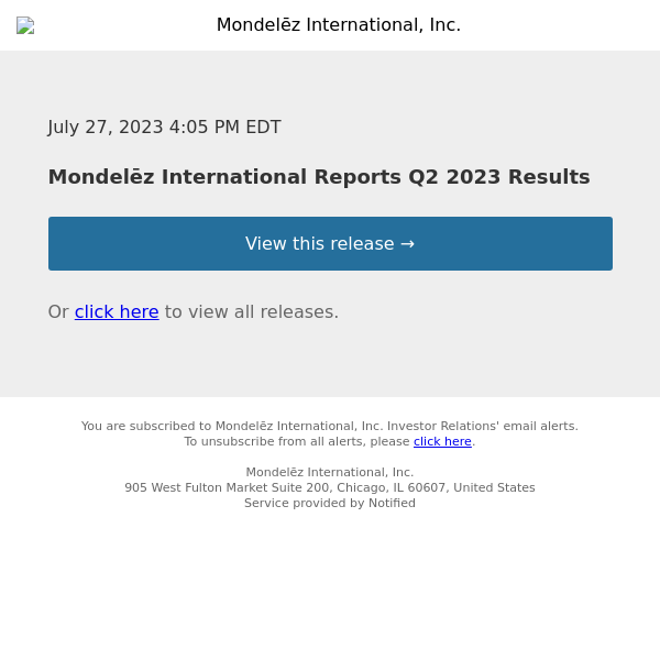 Mondelēz International Reports Q2 2023 Results