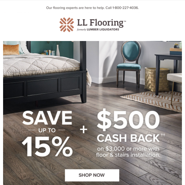 Transform Your Space with up to 15% off Flooring + Cash Back!