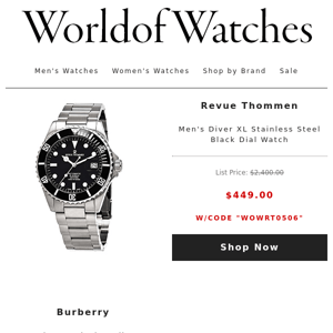 💲 NEW COUPON DEAL: Extra $170 Off Revue Thommen Diver Watch  | Burberry Logo Pouch  $140 | Movado $225 & More