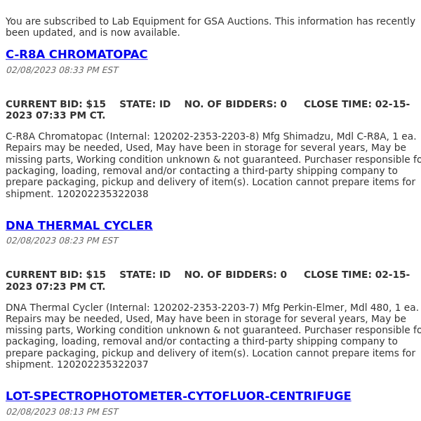 GSA Auctions Lab Equipment Update