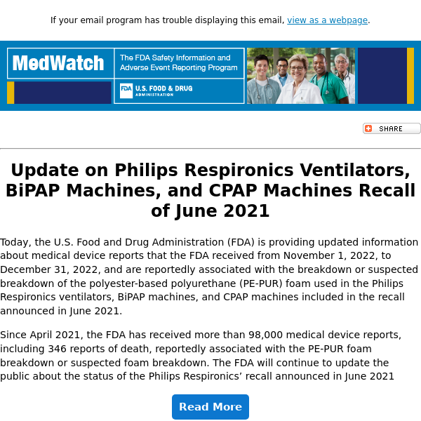 FDA MedWatch - Update on Philips Respironics ventilators, BiPAP machines, and CPAP machines recalled in June 2021